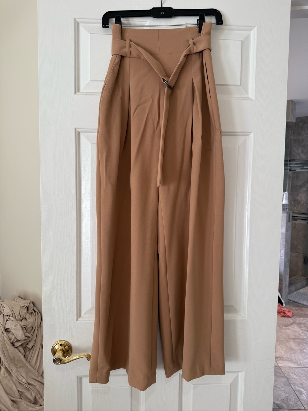 BCBGMaxAzria Camel High-Waist Wide-Leg Paperbag Pants with Belt